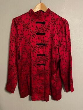 Vintage Womens Tunic Medium Red Floral Satin Mandarin Collar Asian Inspired 90s